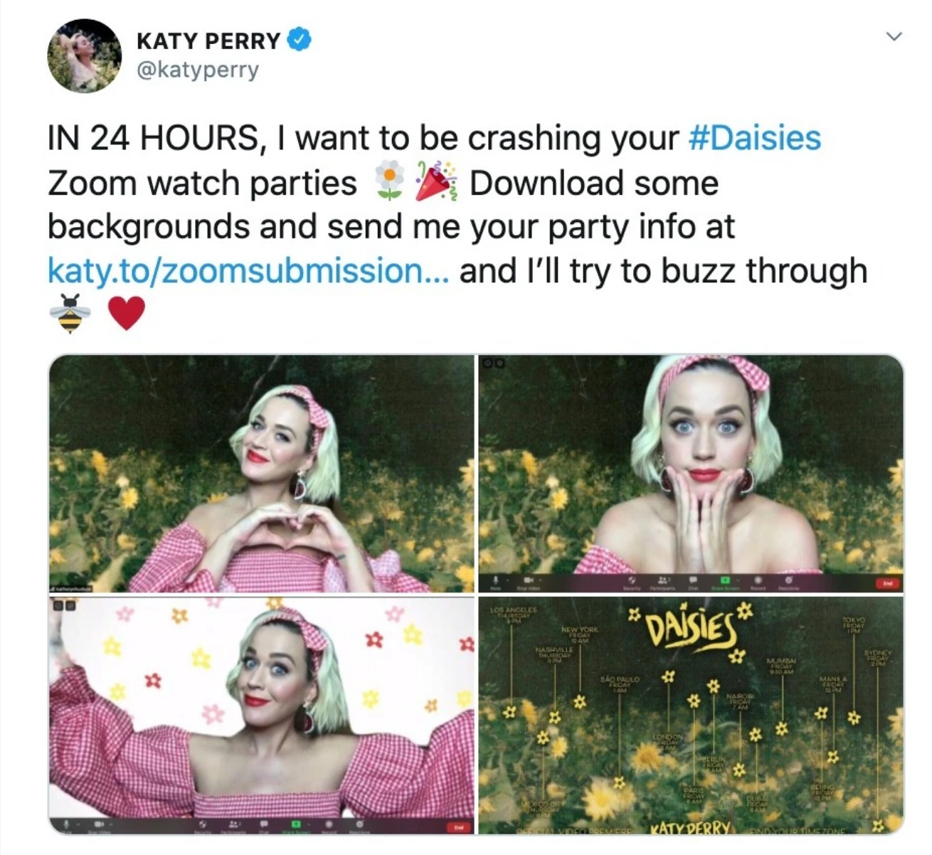 Screenshot of Katy Perry tweet saying she will drop in on their zoom parties for her new video